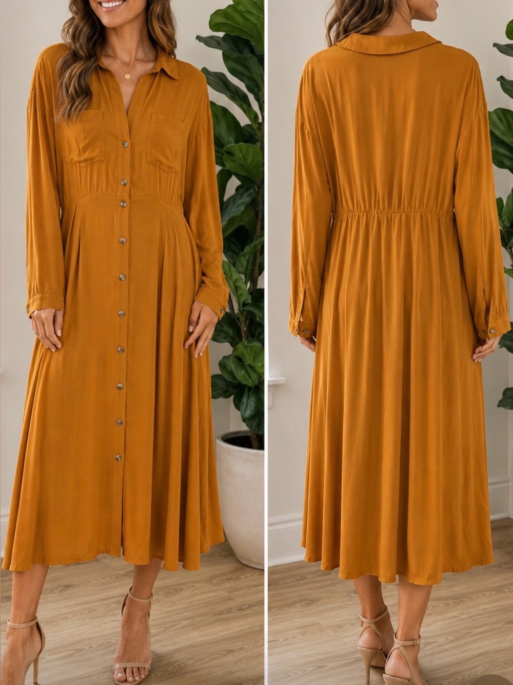 Davi & Dani Mustard Button-Front Midi Dress | NWT | Size large